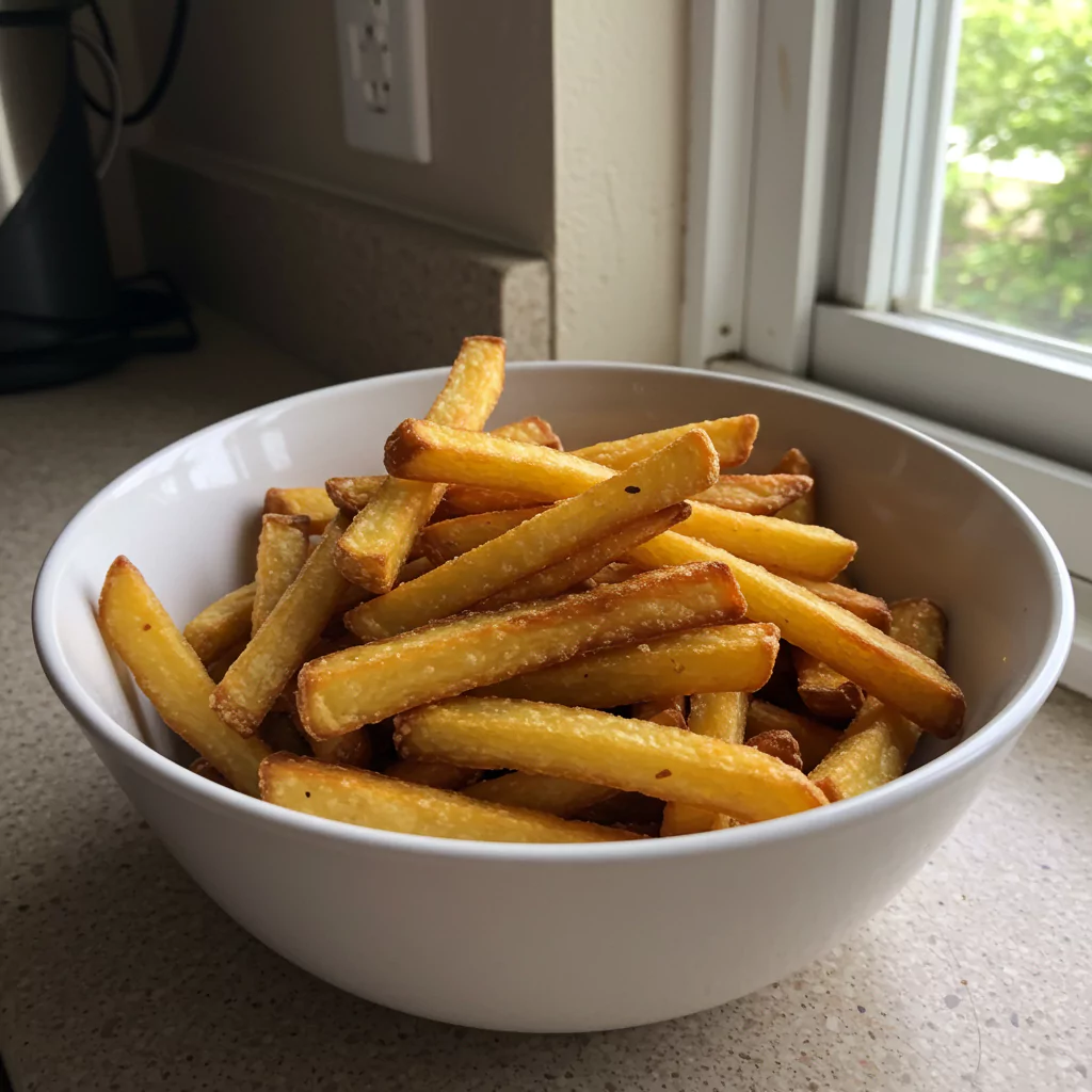 bowl of freshly cooked frozen French fries on a kitchen counter, taken with a smartphone camera. The fries are golden and slightly uneven, with visible crispiness and a light sprinkle of salt. A few fries have fallen onto the counter casually. The lighting is natural and slightly uneven, with soft shadows to suggest daylight coming from a nearby window. No filters, no fancy plating—just a regular kitchen moment. The bowl is simple (white or ceramic), and the background shows a bit of a lived-in kitchen—maybe a tea towel, salt shaker, or air fryer in the background, slightly out of focus. The photo should look hand-taken, imperfect, and cozy, like something snapped just before eating.