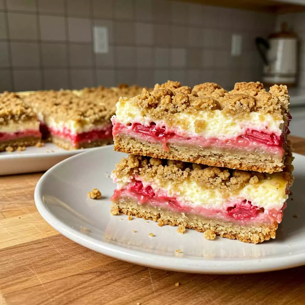 Rhubarb Cheesecake Bars with Oatmeal Crust