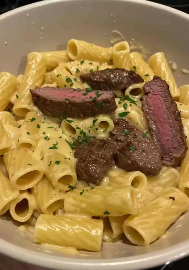 Garlic Butter Steak Tips with Cheesy Rigatoni