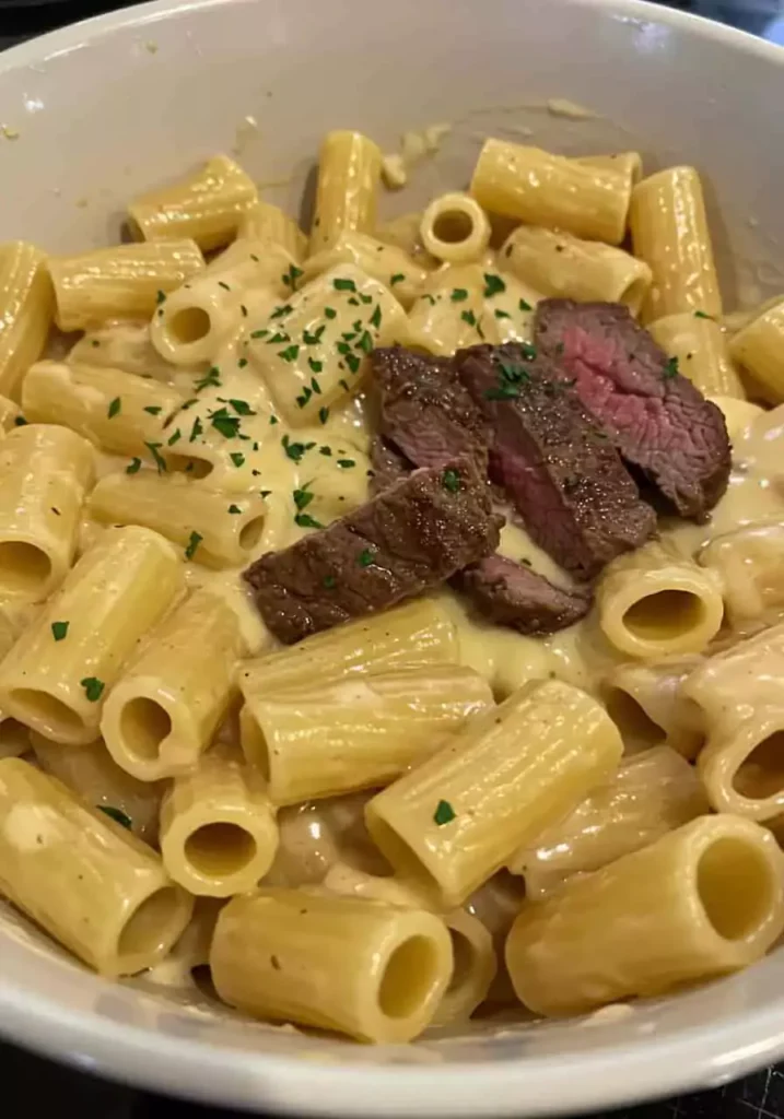 Garlic Butter Steak Tips with Cheesy Rigatoni