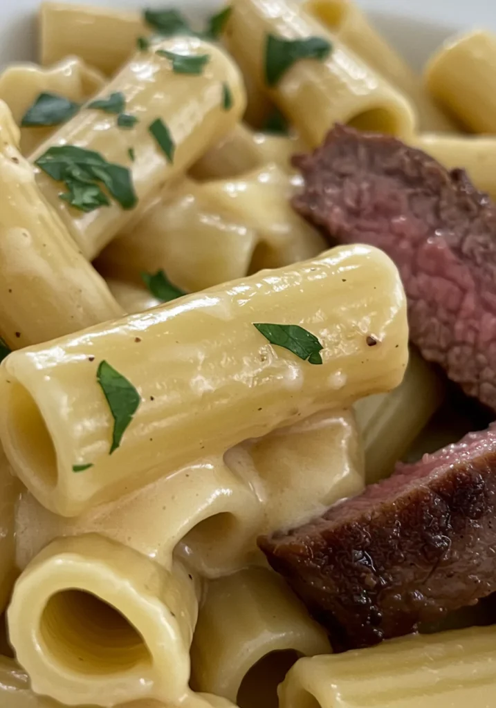 Garlic Butter Steak Tips with Cheesy Rigatoni