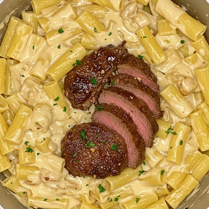Garlic Butter Steak Tips with Cheesy Rigatoni