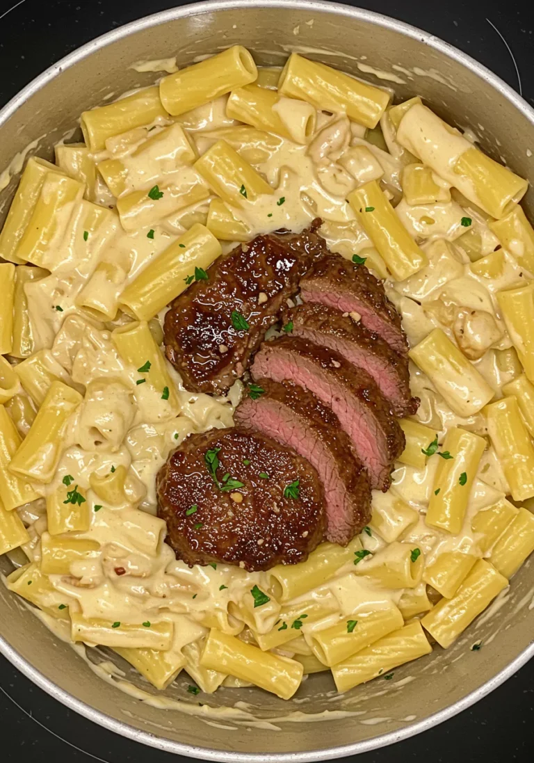 Garlic Butter Steak Tips with Cheesy Rigatoni
