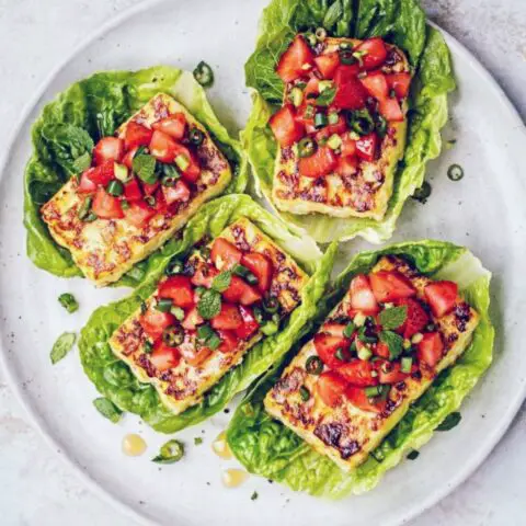 Strawberry Jalapeño Halloumi Lettuce Boats