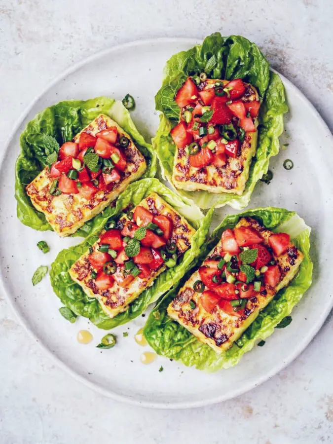 Strawberry Jalapeño Halloumi Lettuce Boats
