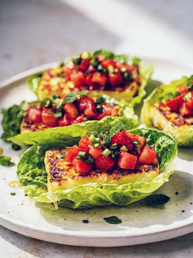 Strawberry Jalapeño Halloumi Lettuce Boats