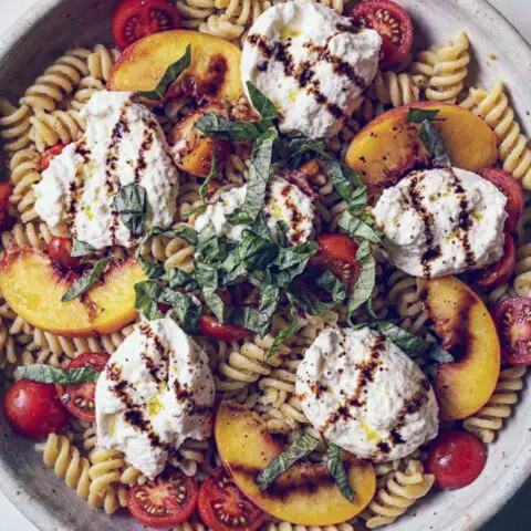 Tomato Peach Burrata Pasta Salad