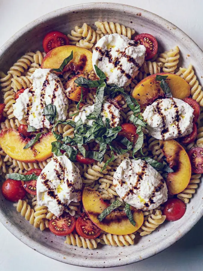Tomato Peach Burrata Pasta Salad