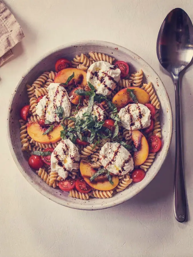 Tomato Peach Burrata Pasta Salad