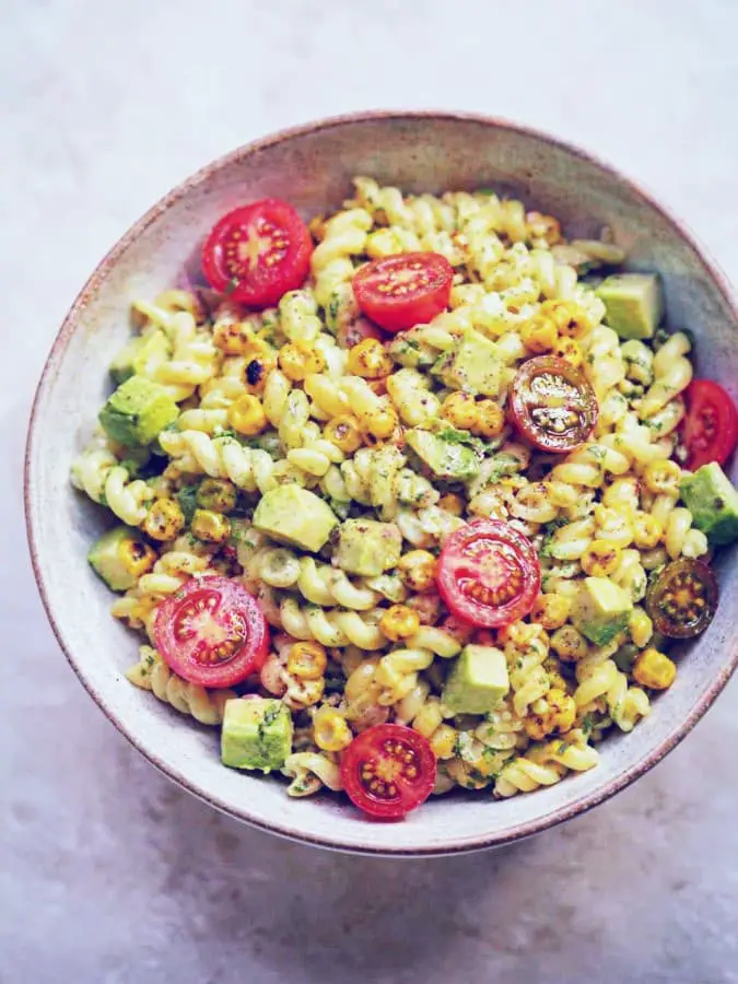 Grilled Corn Avocado Pasta Salad