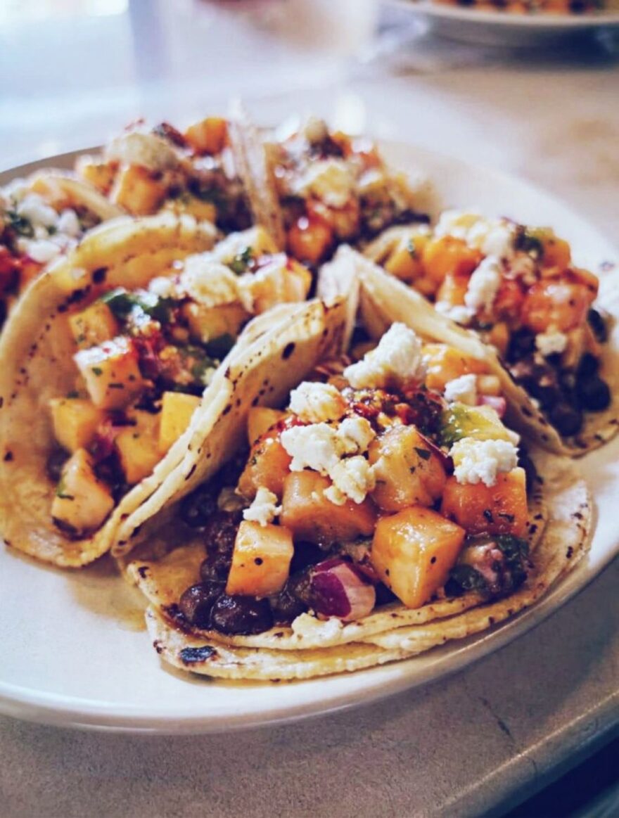 Vegan Hot Honey Peach Tacos
