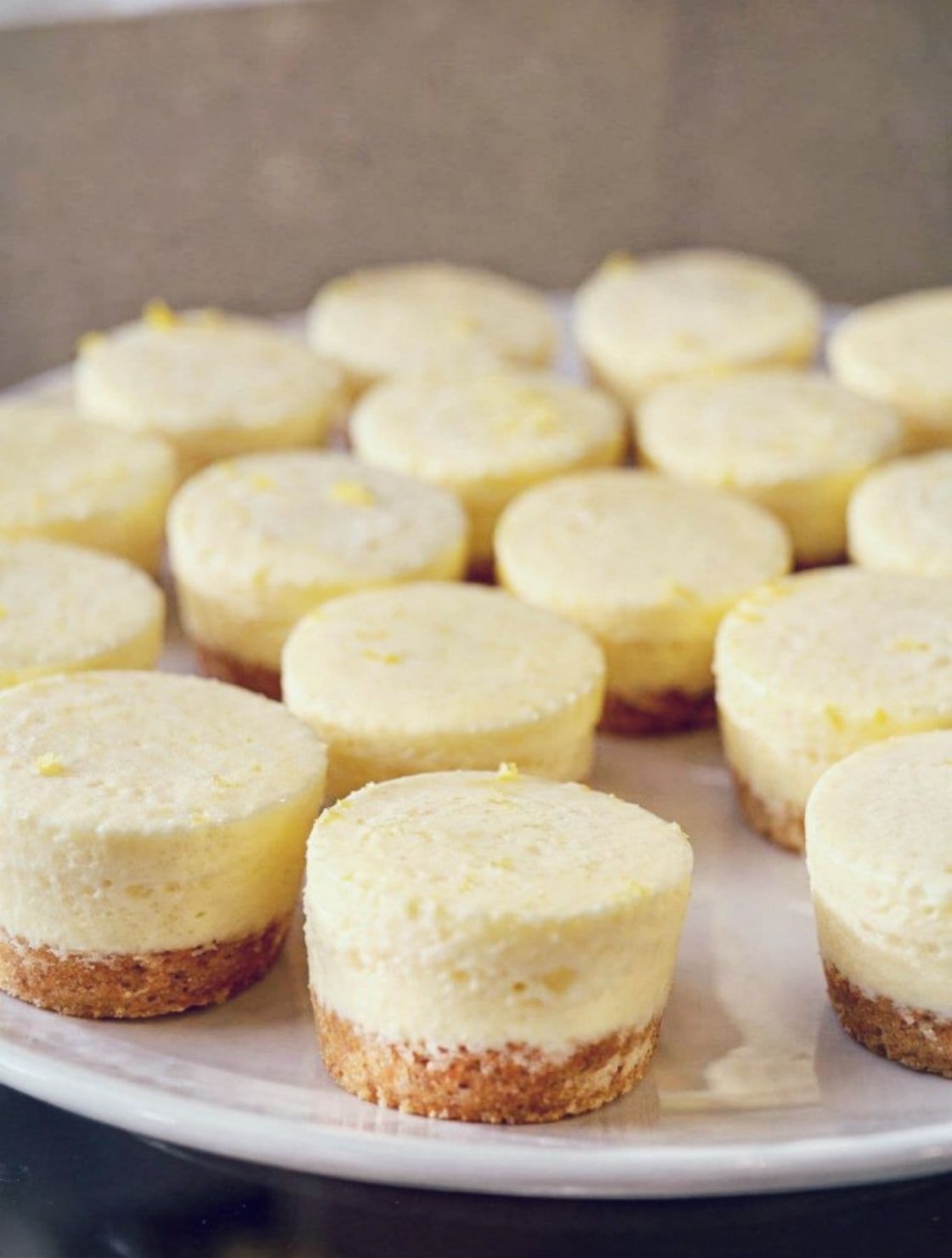 Close-up of Frozen Lemon Cheesecake Bites showing smooth lemon filling and buttery graham cracker base on a white plate.