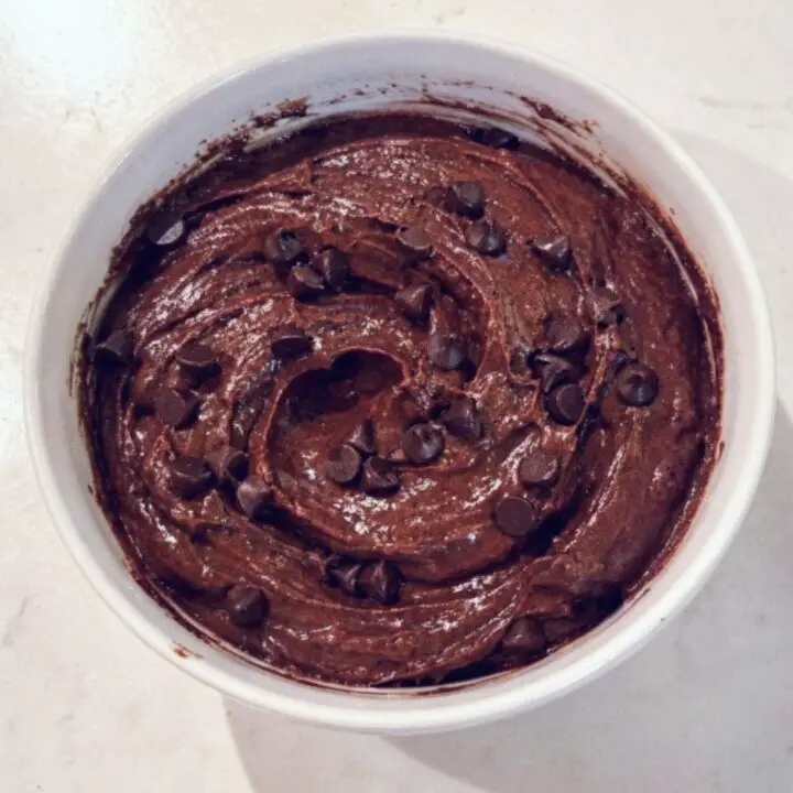 Protein Brownie Batter Dip in a white bowl topped with mini chocolate chips, rich high-protein chocolate dessert with a creamy fudgy texture.