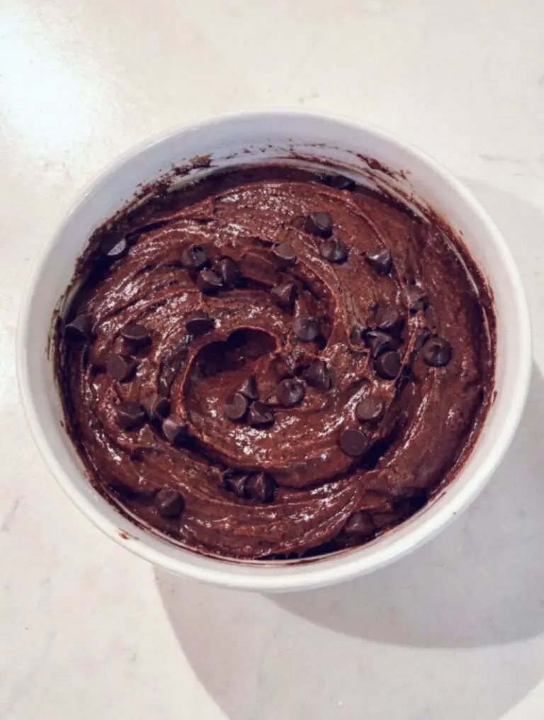 Protein Brownie Batter Dip in a white bowl topped with mini chocolate chips, rich high-protein chocolate dessert with a creamy fudgy texture.